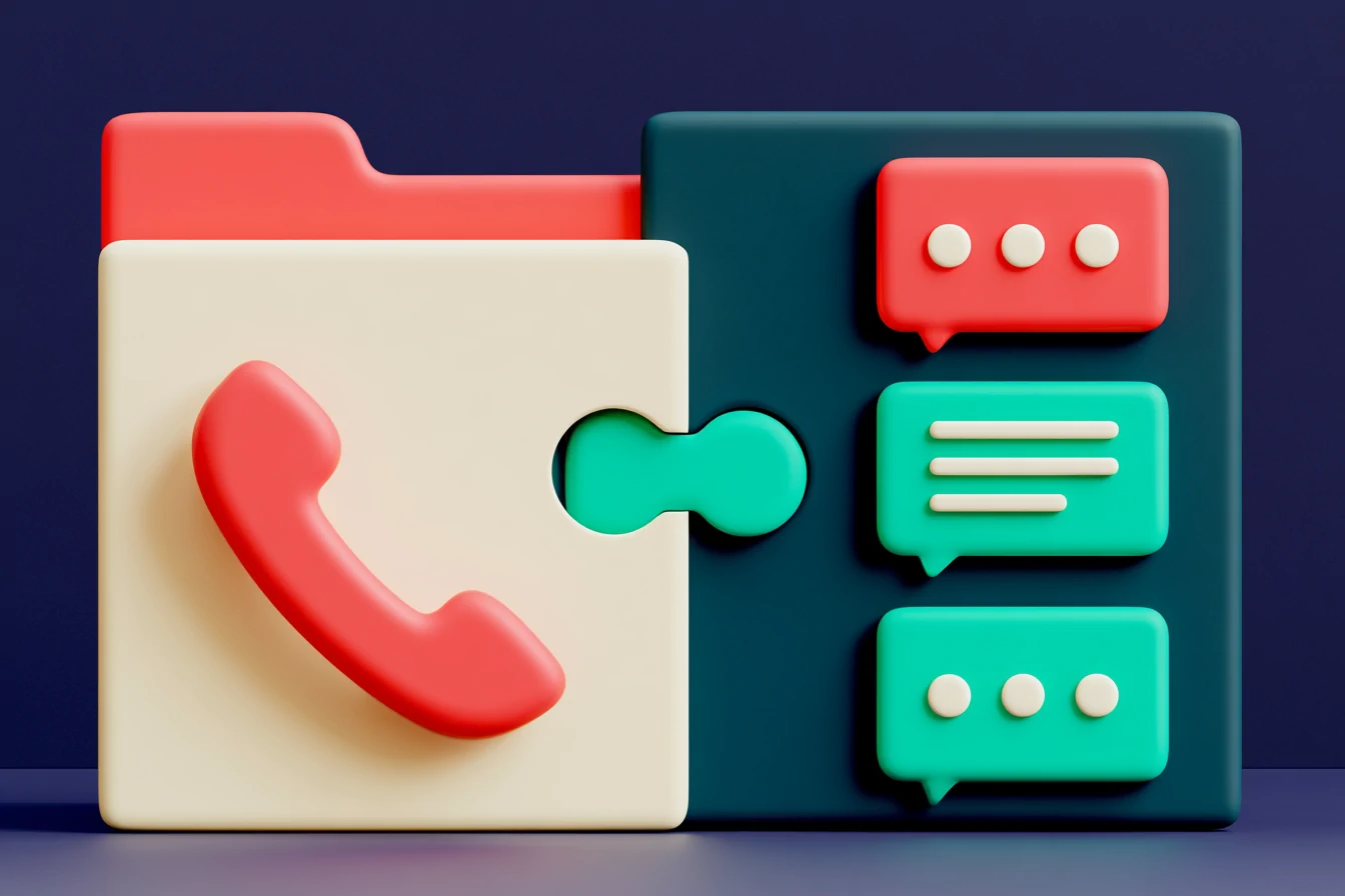 The real-omnichannel test: a phone handset plugged into the center of a customer record that already holds WhatsApp and email bubbles, on a navy background