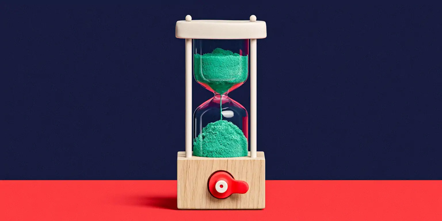 Done-for-you AI receptionist setup in 48–72 hours: a matte-clay hourglass with the teal sand nearly run out and a coral switch flipped to 'on,' on a navy background