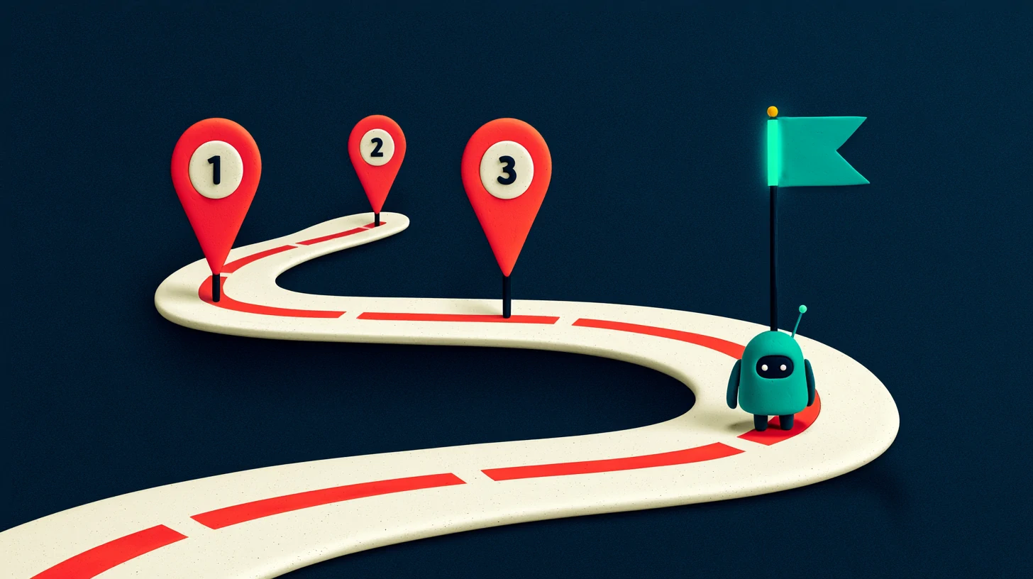 Timeline of an AI receptionist setup: three navy milestones with coral and teal nodes connected by a bone-colored thread