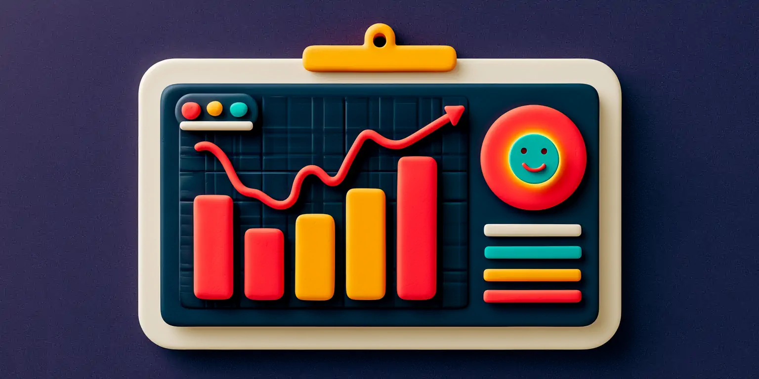 Matte clay customer service analytics dashboard: a coral needle marking a rising response-rate curve and a teal icon for per-call sentiment analysis, on a navy background