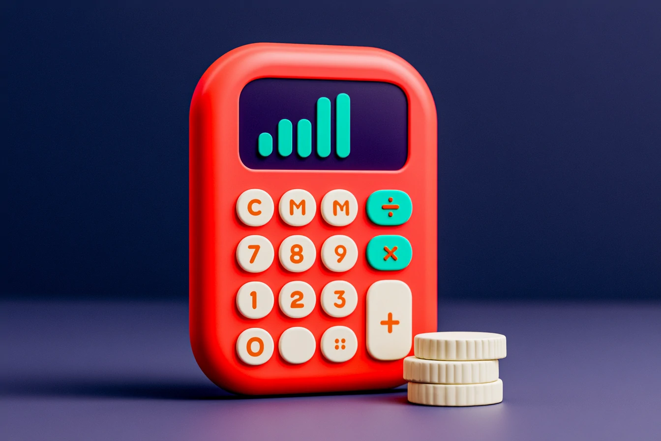 Coral needle on a matte clay gauge marking a rising response-rate curve over a teal dial, next to a receipt tape for calculating ROI, on a navy background