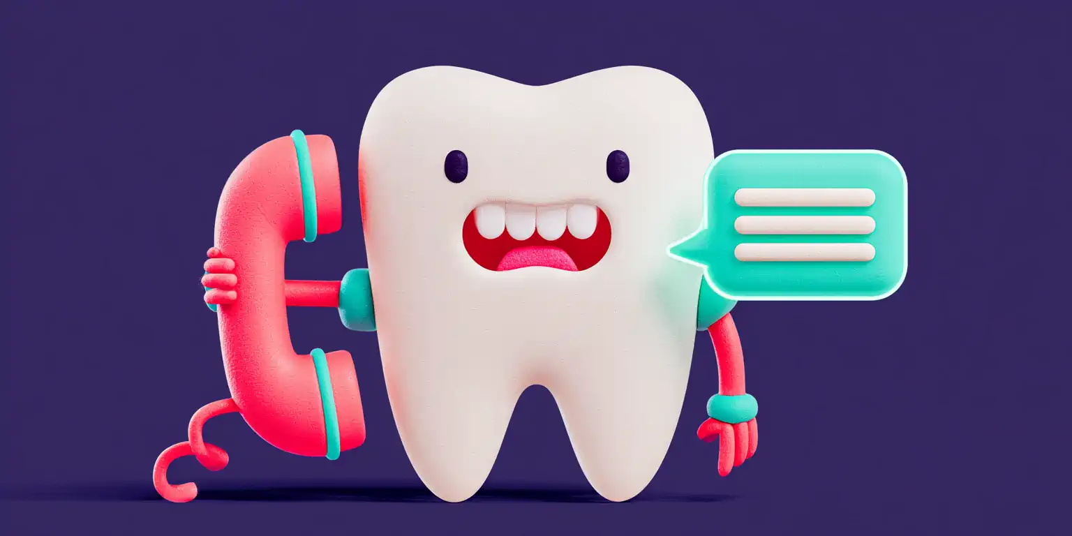 AI receptionist for a dental practice: a matte-clay dental chair with a teal shield and a coral reminder bell on a navy background