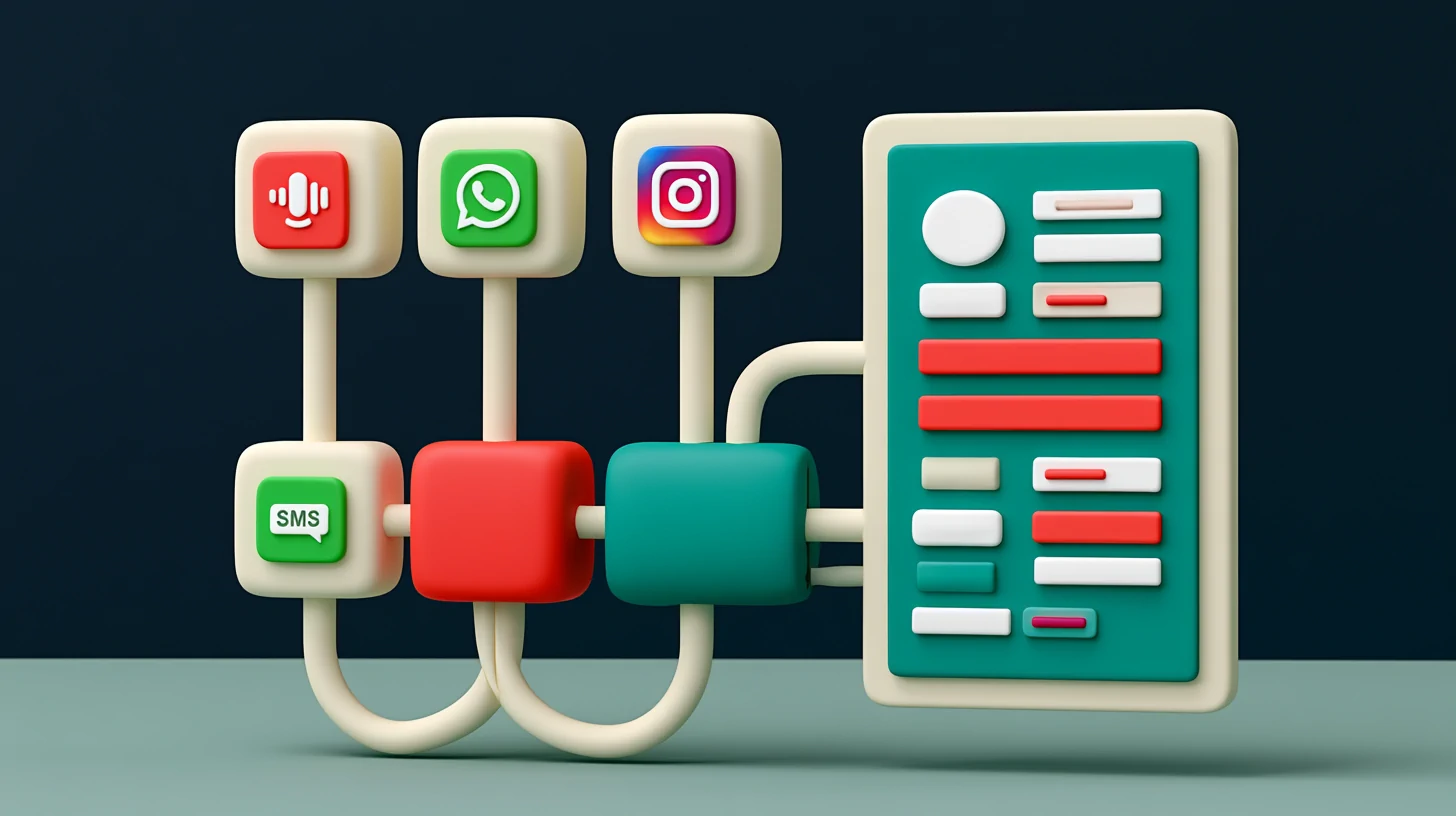 Omnichannel AI receptionist: a coral hub connects the voice, WhatsApp, Instagram, SMS, and web chat icons to a single teal lead board on a navy background
