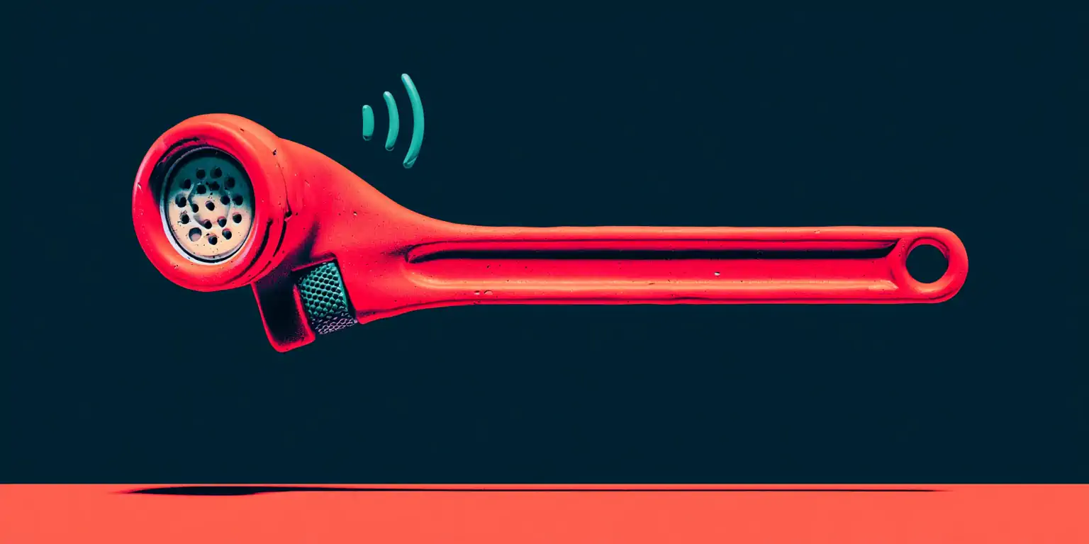 AI receptionist for home services: a coral wrench and a teal phone on a plumber's van, matte clay style on a navy background