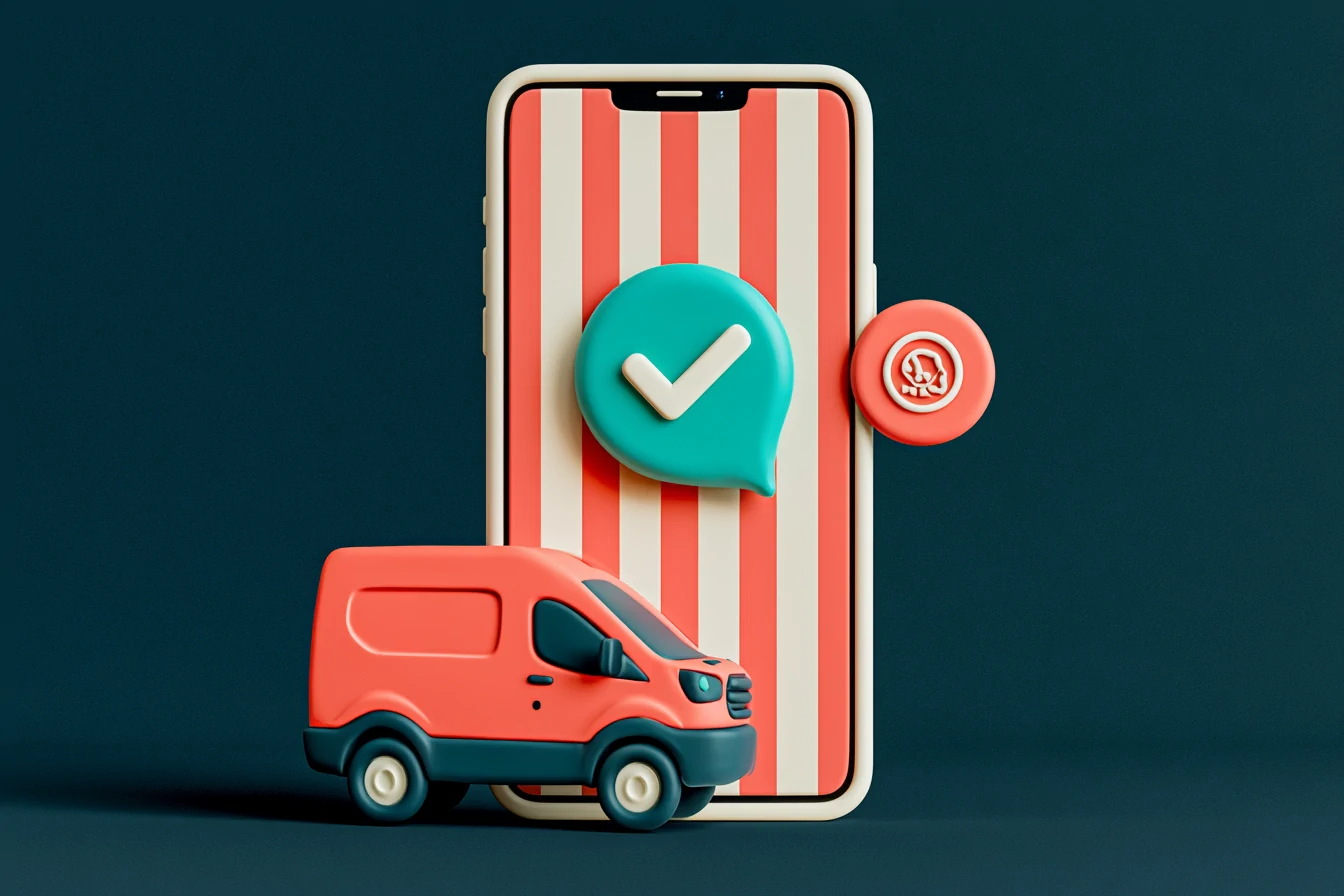 AI receptionist appointment confirmation: a teal WhatsApp bubble with a button to confirm the home-service job over the day's schedule, matte clay style on a navy background