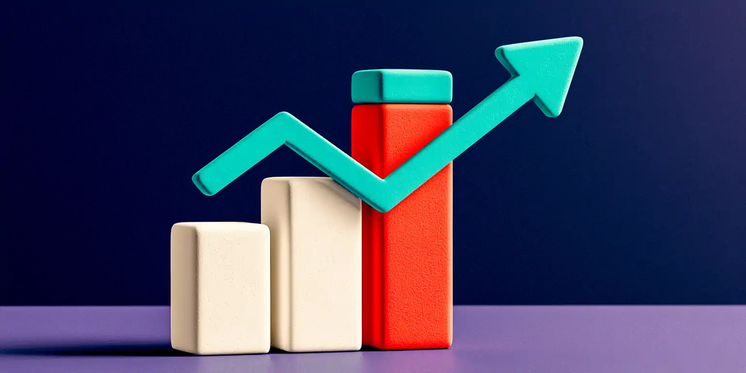 AI receptionist results for small business: three rising clay columns crowned with teal arrows, one in coral, with a floating asterisk marking the fine print, clay style on navy