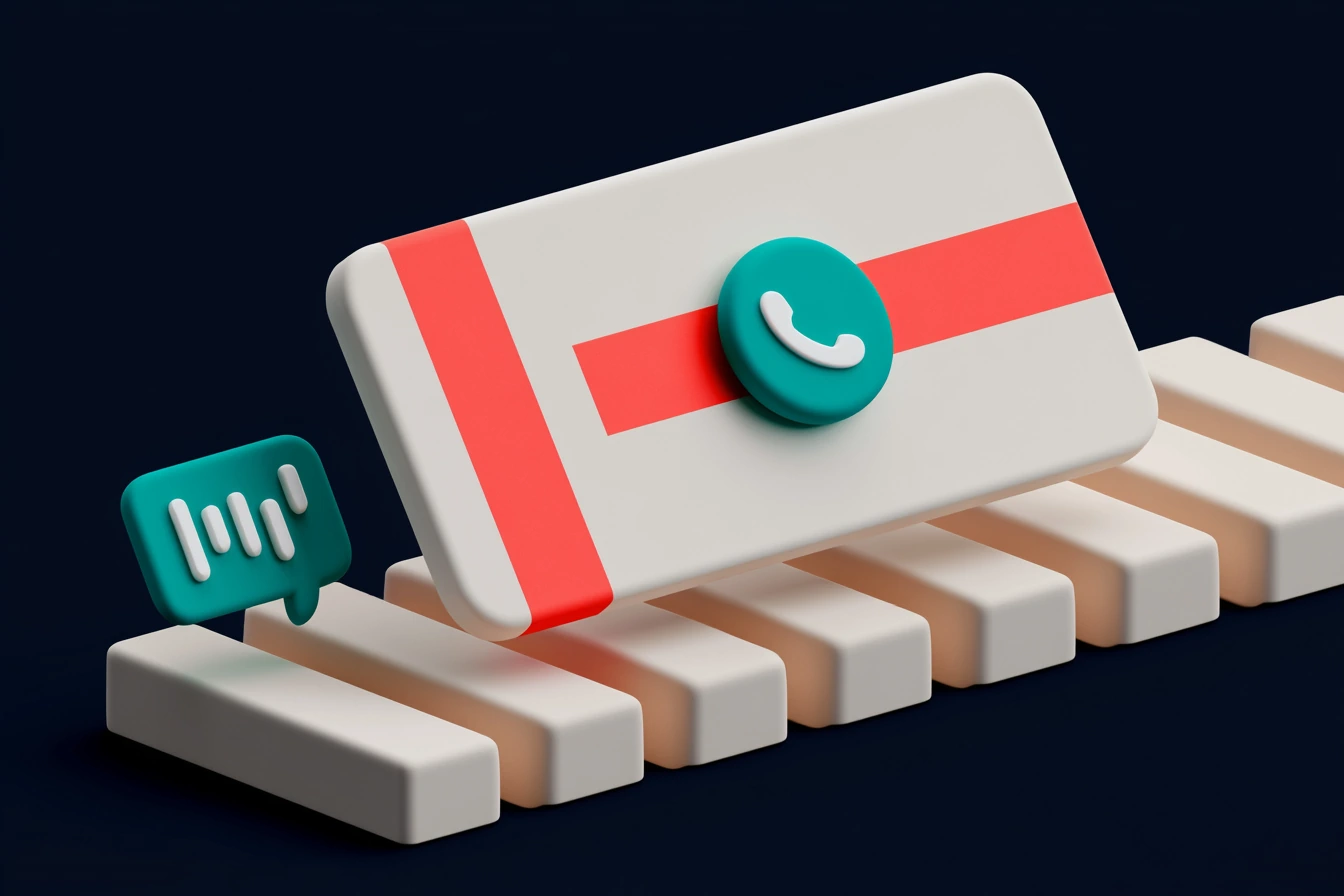 An AI receptionist's automatic follow-up: a clay lead card advancing on its own through the columns of a Kanban board, with a teal WhatsApp icon trailing it, clay style on navy