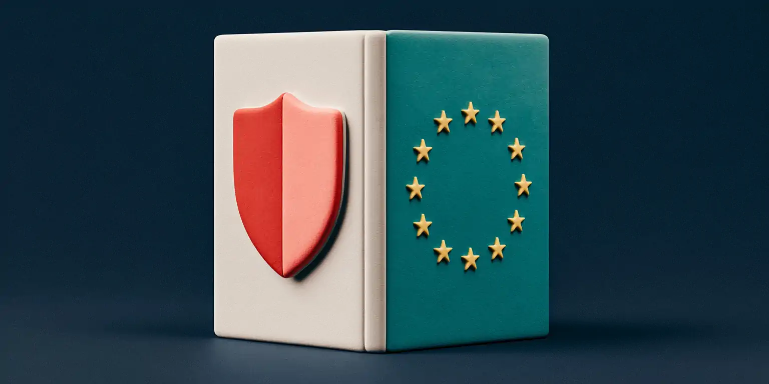 The difference between GDPR and the AI Act: two matte pillars facing off on a navy background, one with a coral data-protection shield and the other with a teal ring of EU stars, joined by a plate across the top