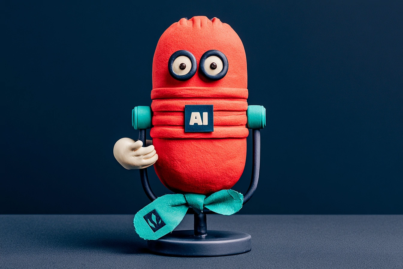 What the AI Act requires: a coral matte agent headset on a navy background with a teal tag reading AI hanging from the cord, a symbol of the transparency notice