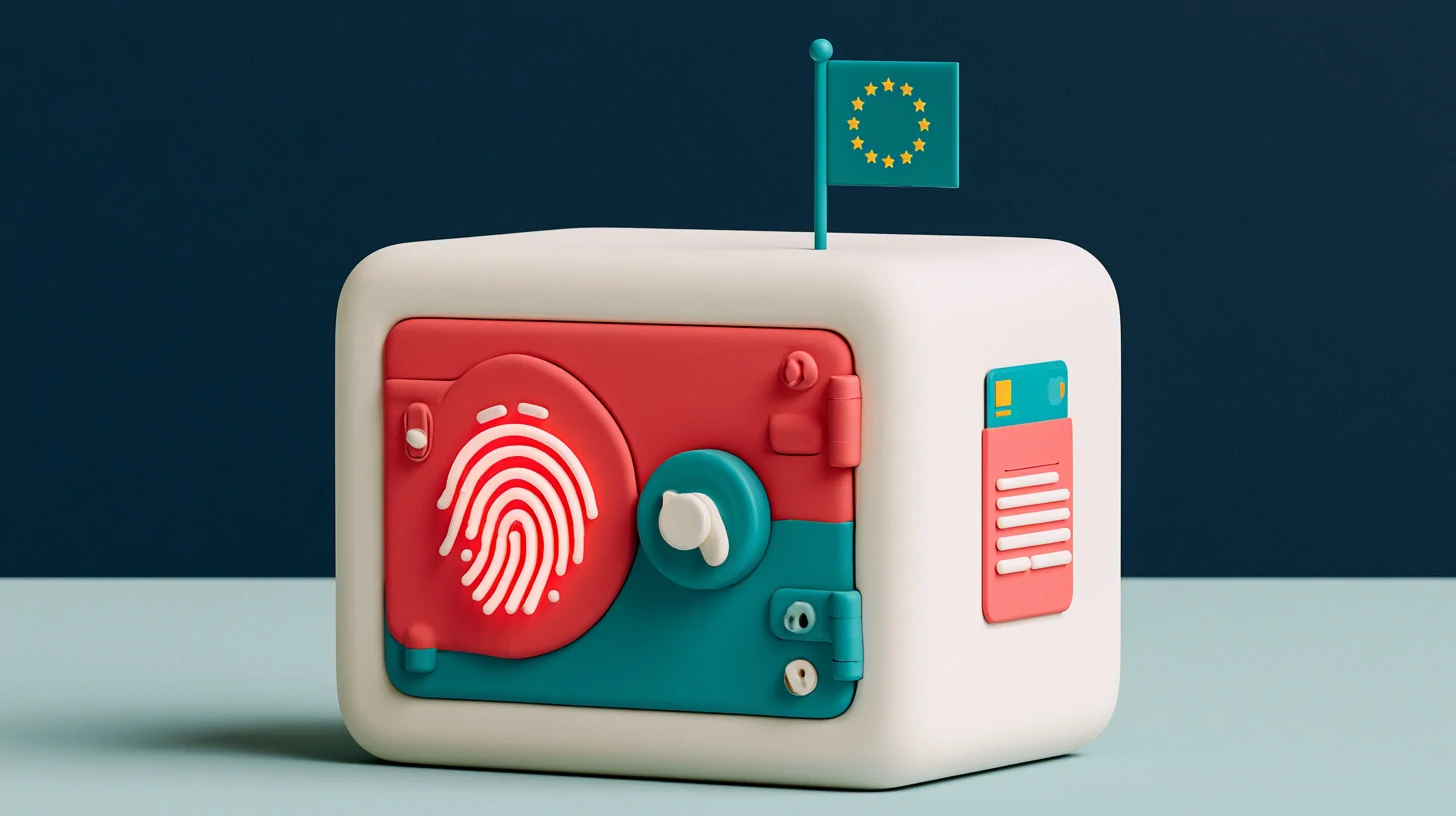 What GDPR requires: a matte vault on a navy background holding a coral personal-data token, with a teal EU flag sealing the entrance for data residency