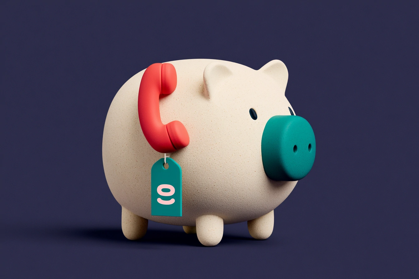 How much an AI virtual receptionist costs: a matte piggy bank with a teal phone tag and a coral coin, on a navy background