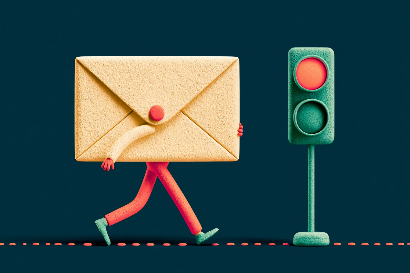 A human follow-up cadence: a teal hand gently guides a message envelope along a coral path while a 'stop' button lights up at the first no