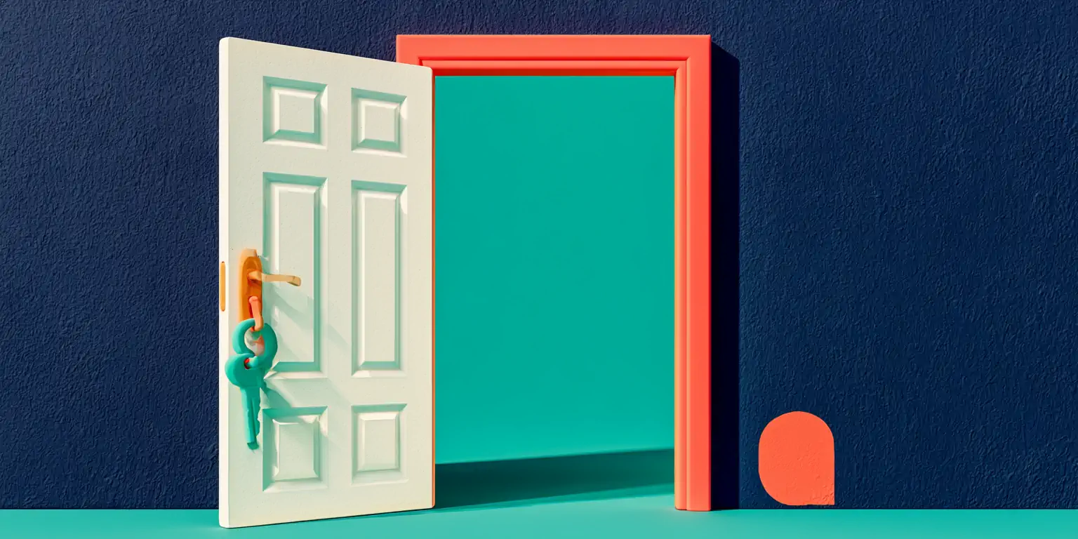An open matte-clay padlock, symbol of a no-contract AI receptionist: the teal shackle lifted and the coral body floating on a navy background