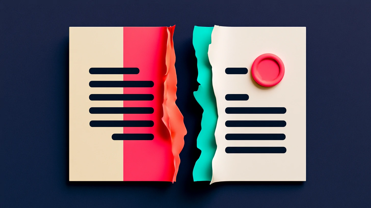 A matte-clay contract snapping in half: a no-contract AI receptionist you can cancel anytime, the two pieces pulling apart on a navy background