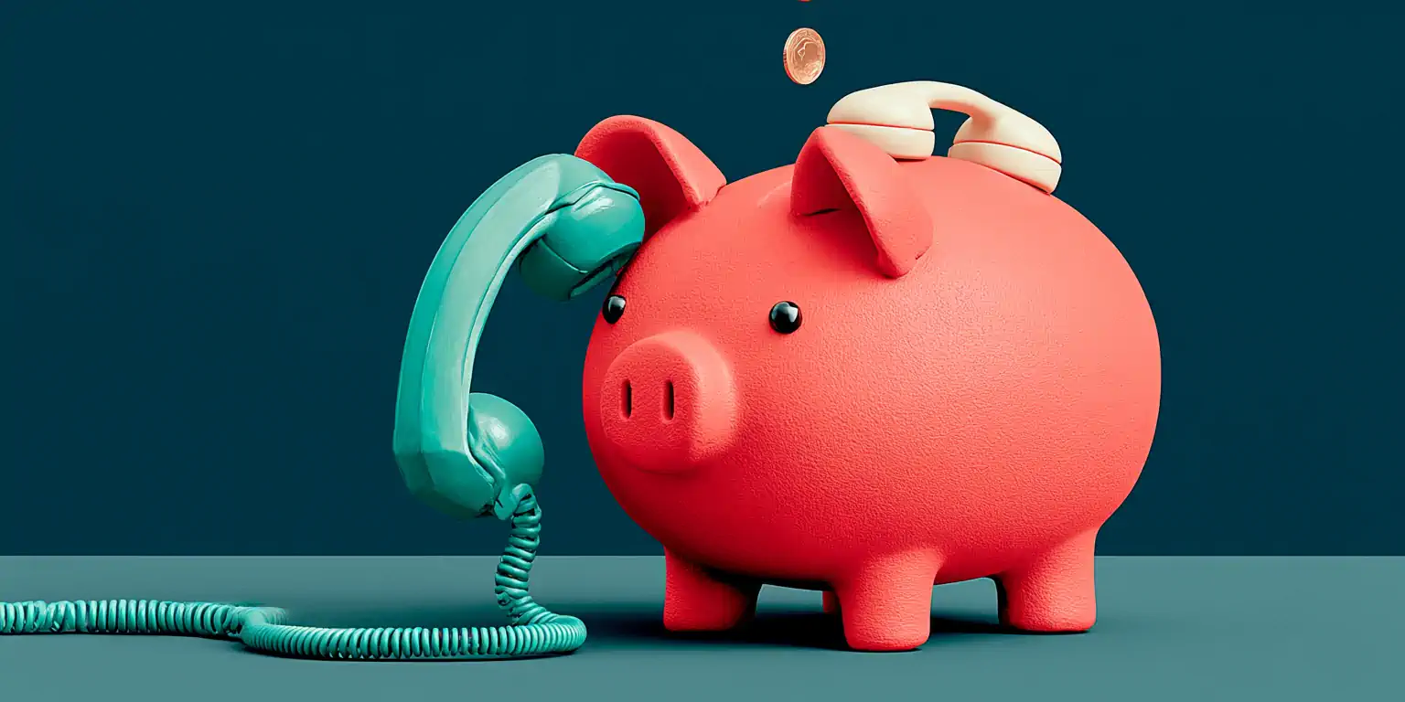 Matte clay scale comparing the price of an AI receptionist with a missed call: a coral coin lifts a phone falling into the void, on a navy background