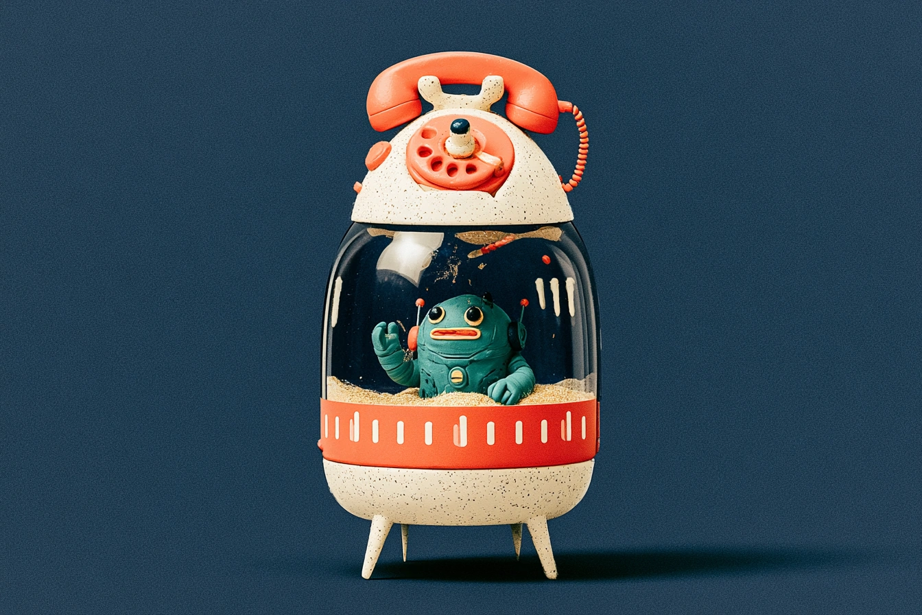 Matte clay clock where an AI receptionist answers a coral phone instantly and hands the call to a human within the first five minutes