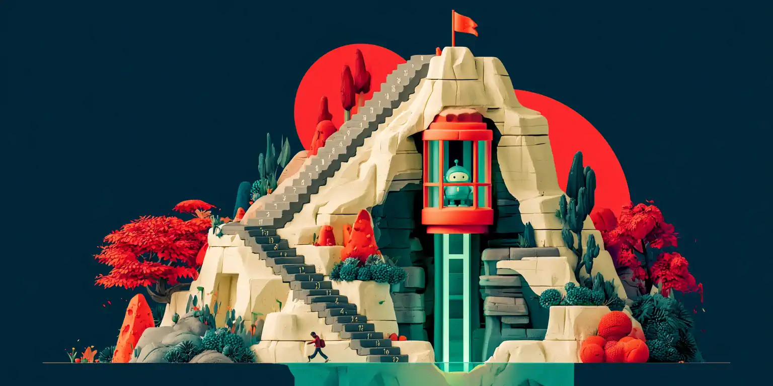 IVR vs voice AI comparison: a gray maze-staircase of touch-tone phone menus collapsing, cut through by a straight coral line on a navy background
