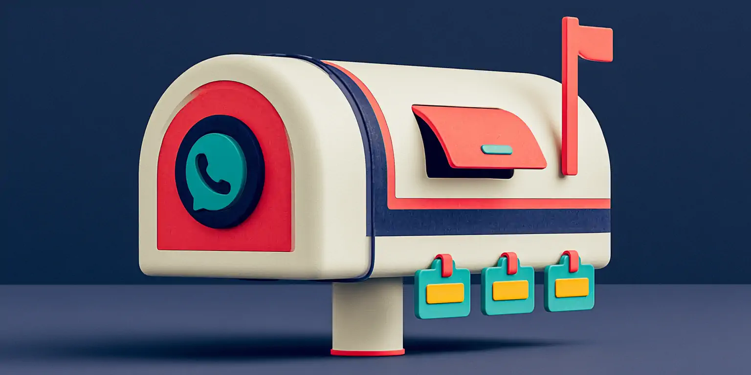 WhatsApp shared inbox for teams: an editorial-clay mail cubby with WhatsApp bubbles spread across it and agent labels on a navy background