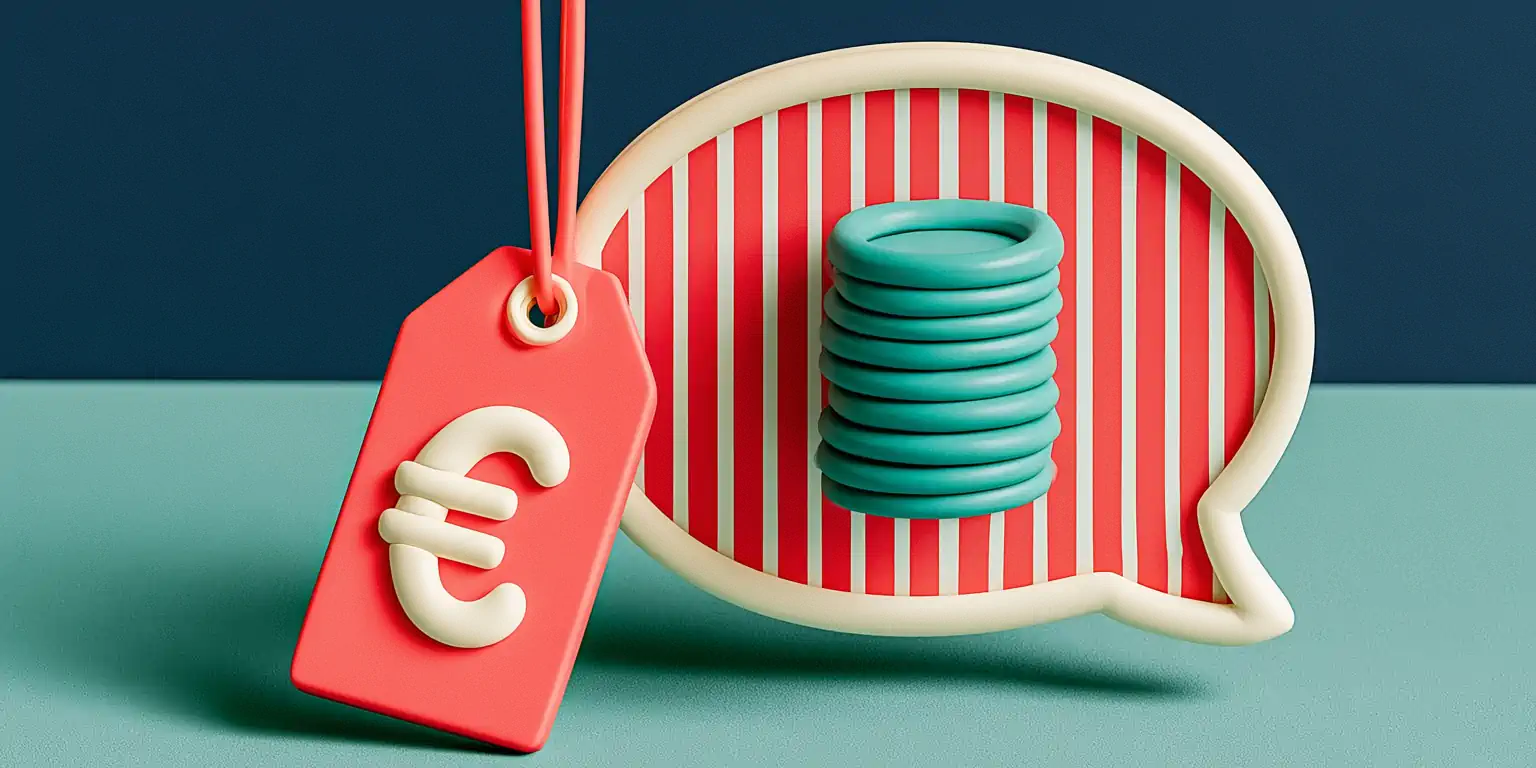 WhatsApp Business API pricing: a matte 3D chat bubble turned into stacked coins with rate tags, navy background, coral accent, Totem editorial-clay style