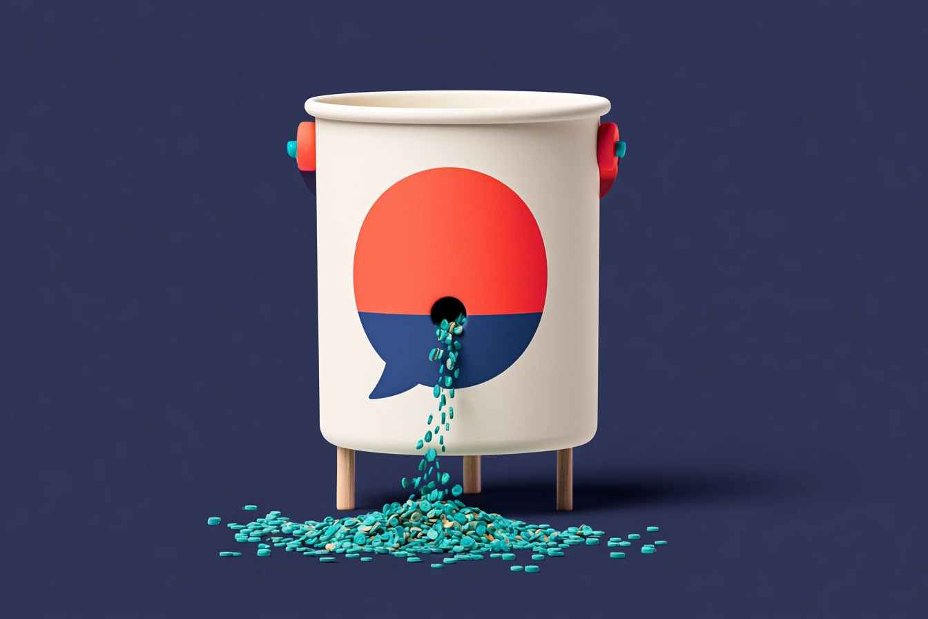 Why WhatsApp Business API pricing balloons: a matte 3D faucet dripping coins from a cracked chat bubble, navy background, coral and teal accents, Totem editorial-clay style