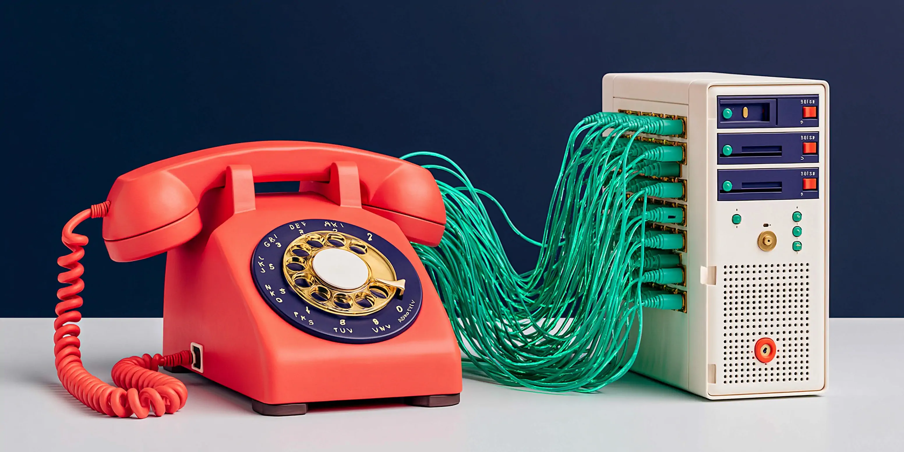 WhatsApp Business app vs API comparison: a small cell phone facing off against a modular platform with gears, editorial clay style on a navy background with coral and teal accents