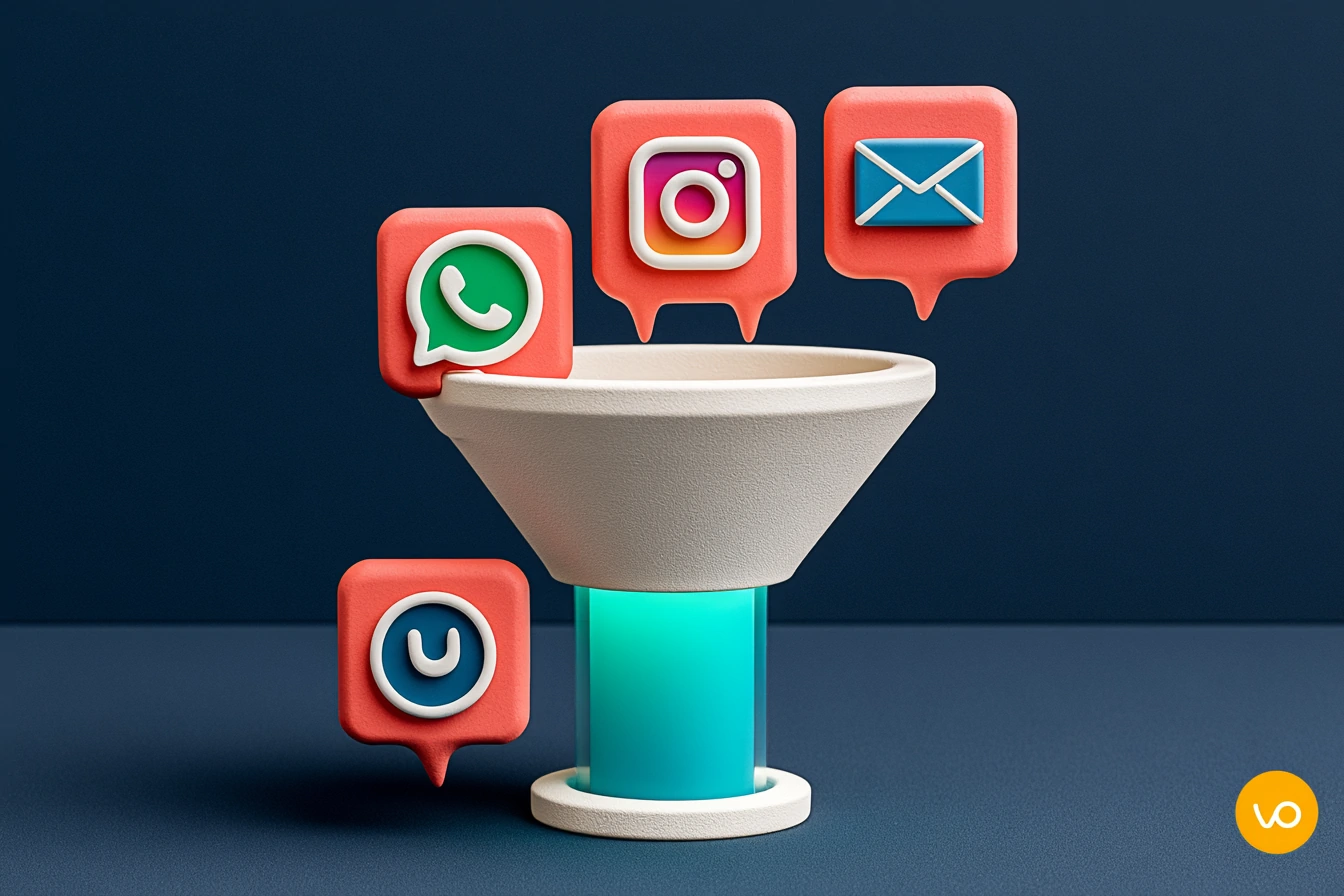 The advantage of the WhatsApp Business API: a single inbox where WhatsApp, Instagram and email converge with multiple agents, editorial clay style on a navy background
