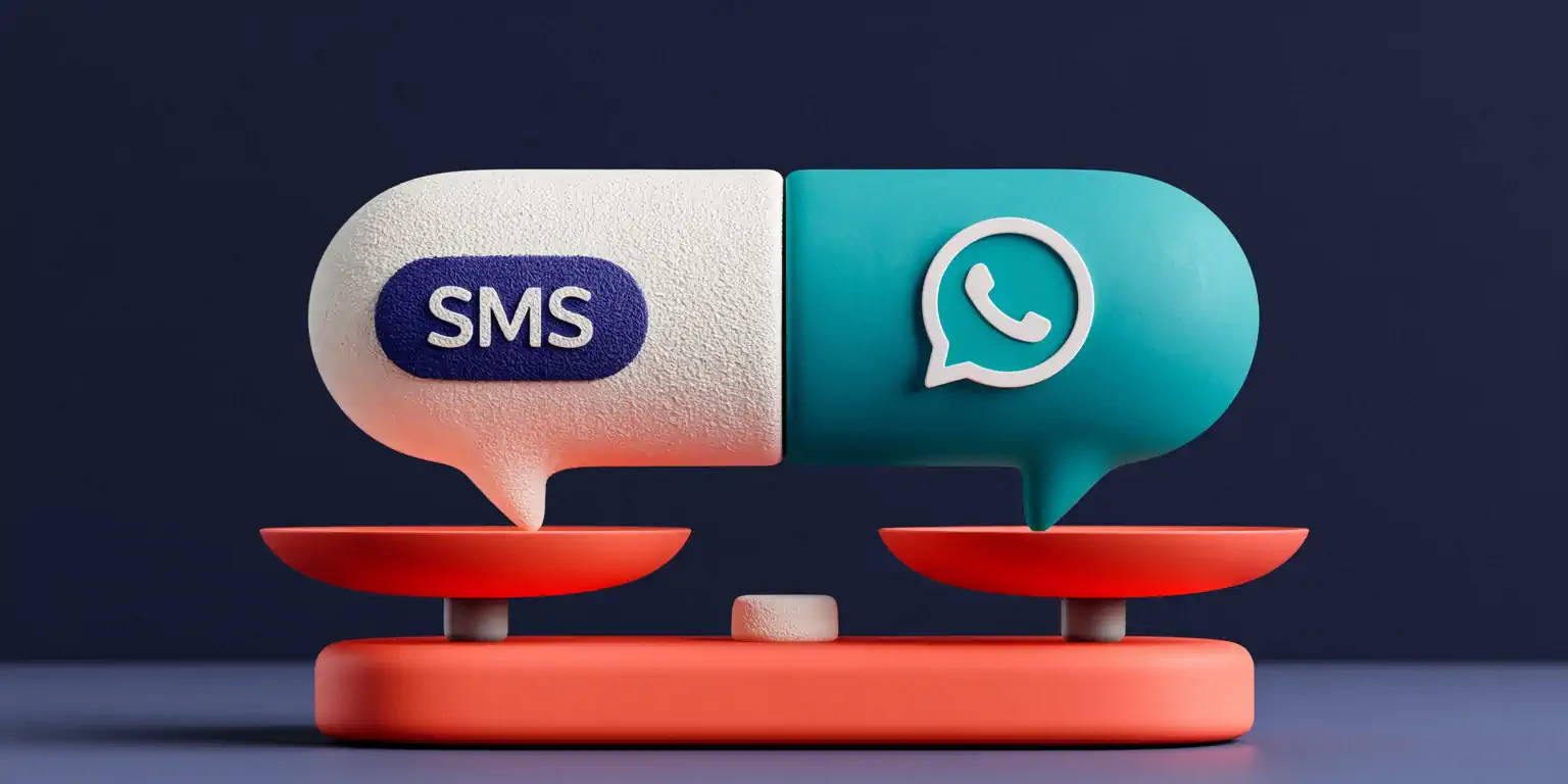 WhatsApp vs SMS for business comparison: a teal WhatsApp bubble with media and a plain bone-white SMS bubble, balanced on a coral scale against a navy background