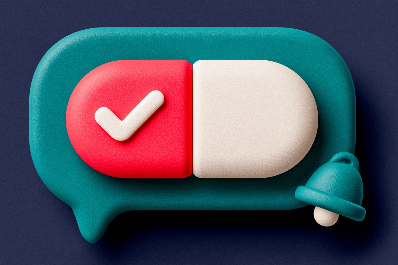 WhatsApp appointment confirmation button: a chat bubble with two buttons, one coral marked with a check and one bone-white, next to a small teal reminder bell on a navy background