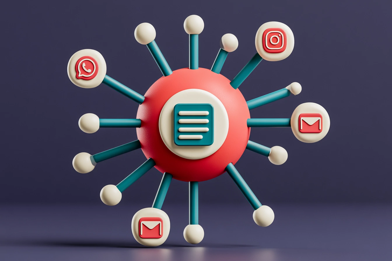 Appointment reminder cascade: WhatsApp, text, and email shown as three descending matte 3D steps on a navy background